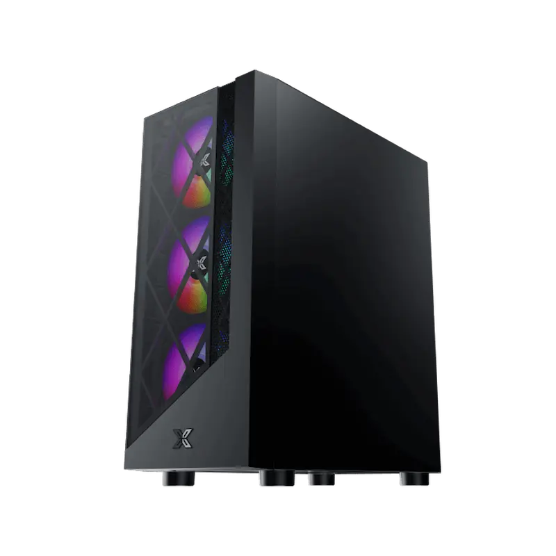 Case PC nero con ventole RGB e pannello frontale in vetro.