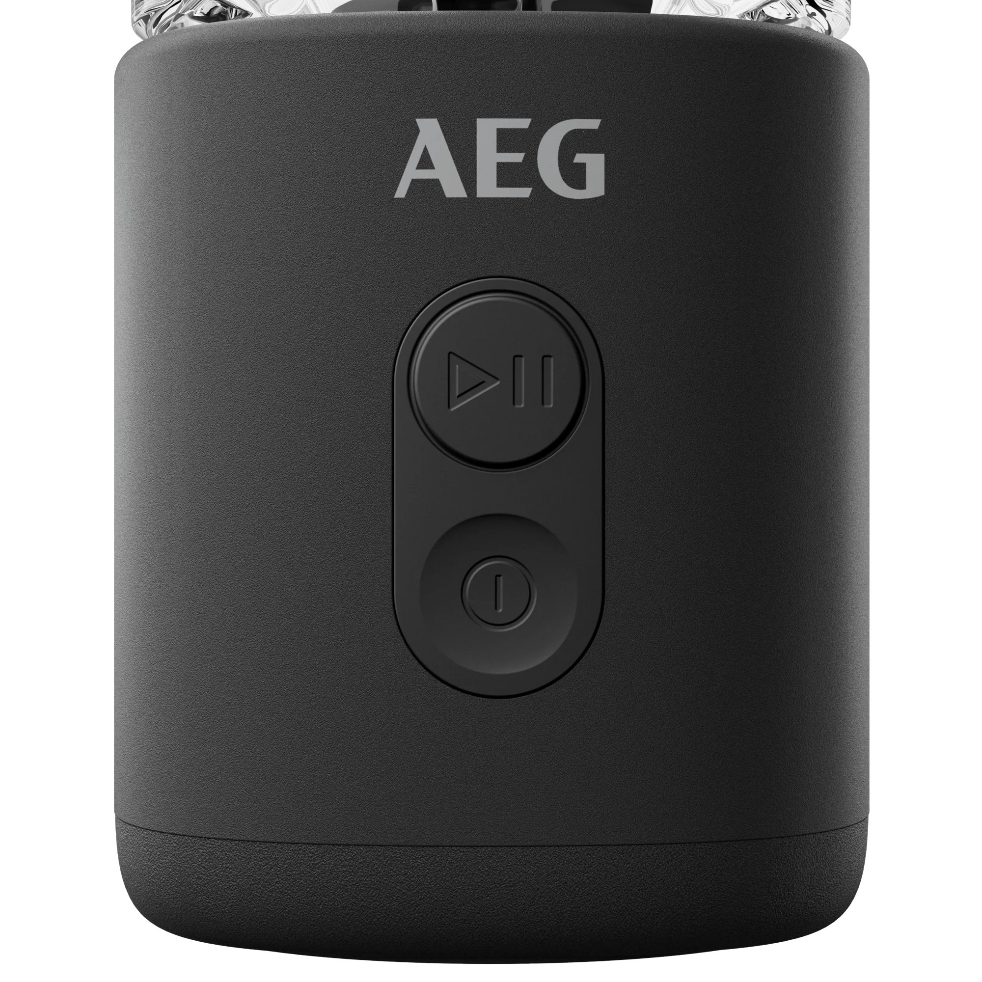 Altavoz AEG negro con botones de reproducción/pausa y encendido.
