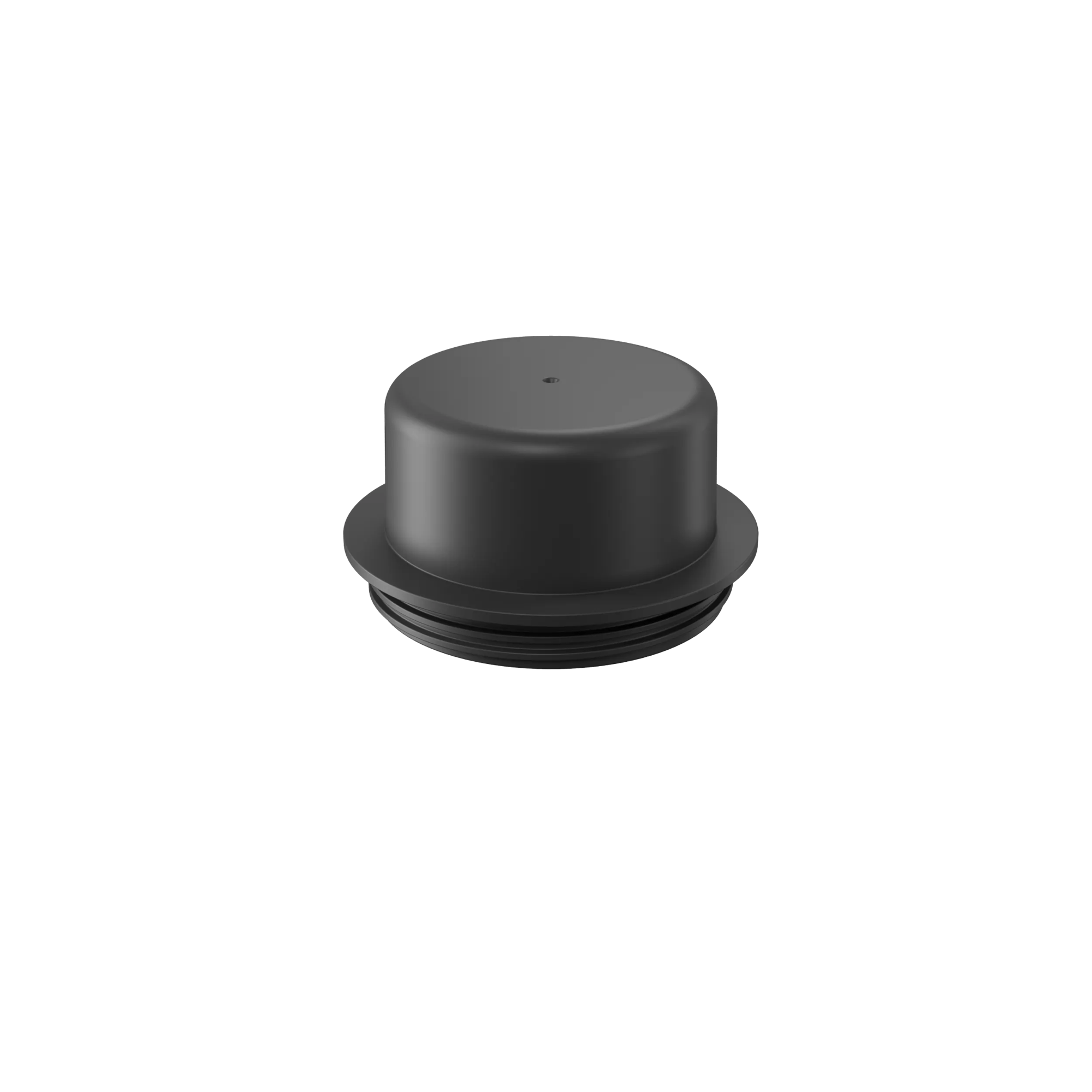 Adaptador roscado negro con parte superior plana y pequeña abertura central.