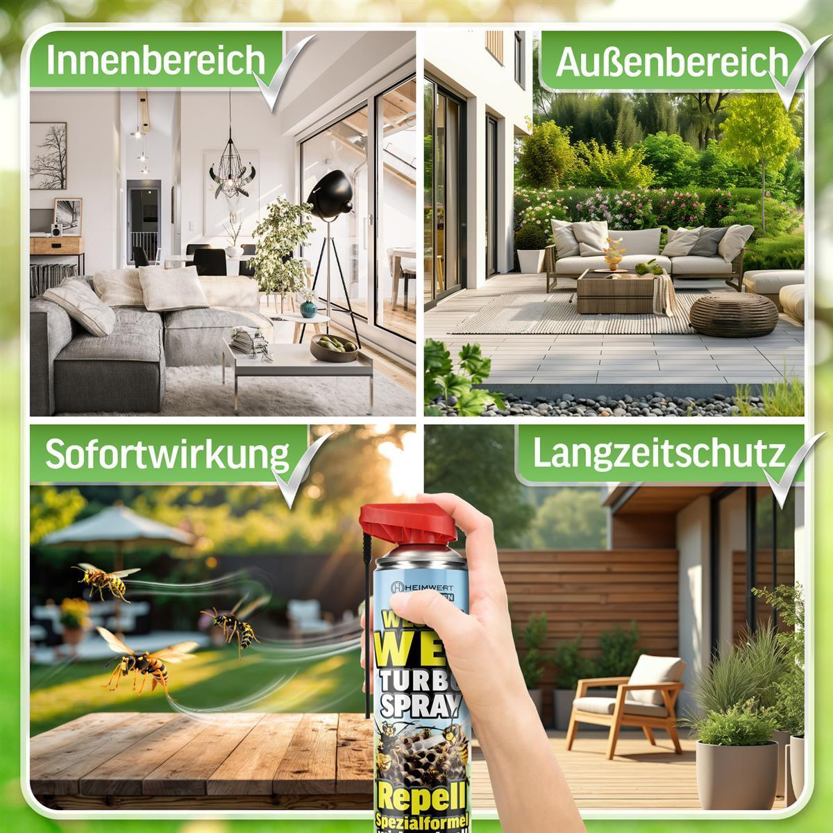 Vier Collagen zeigen Innen- und Außenbereiche, Sofort- und Langzeitschutz.