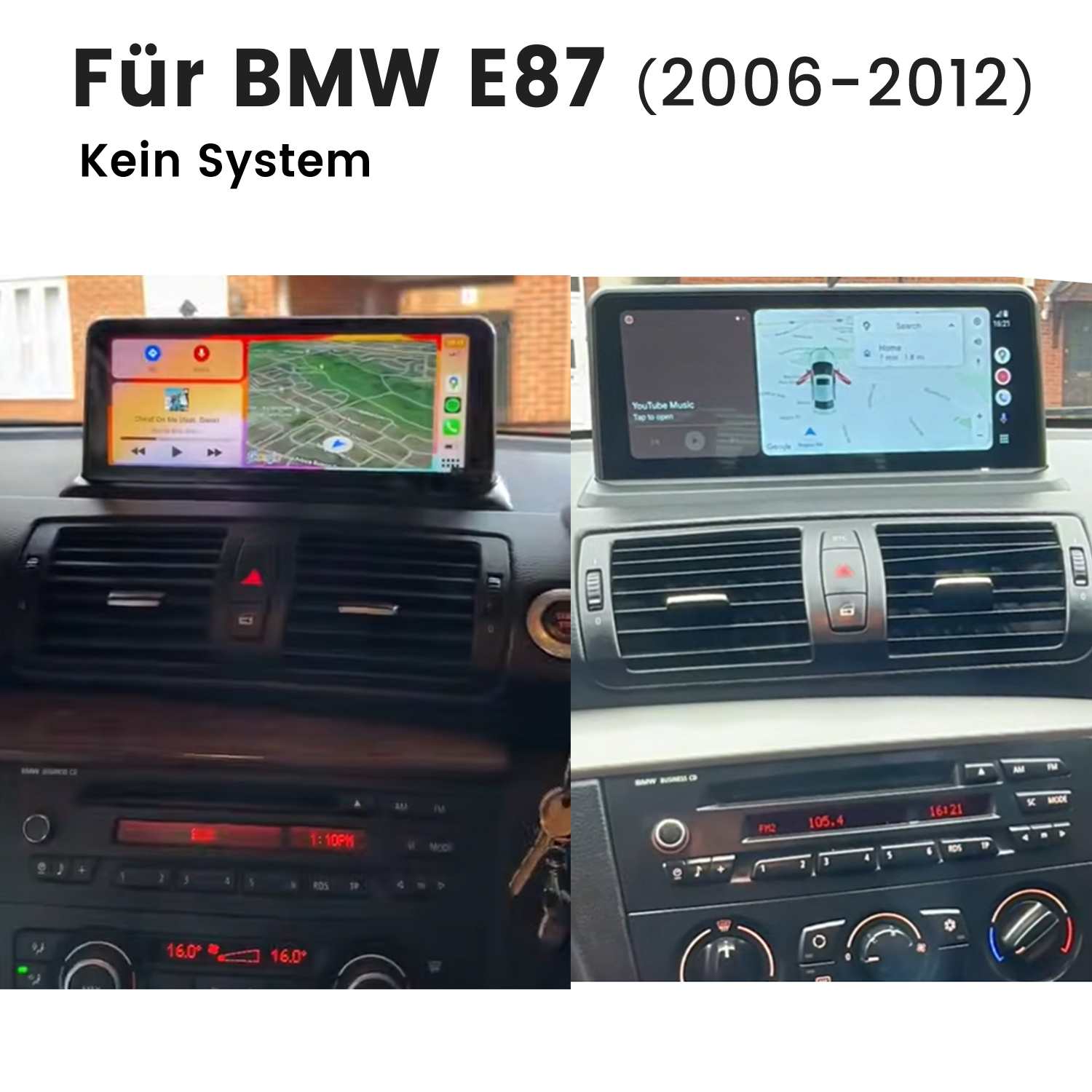 Zwei Ansichten eines BMW E87-Armaturenbretts mit Smartphone-Integration.