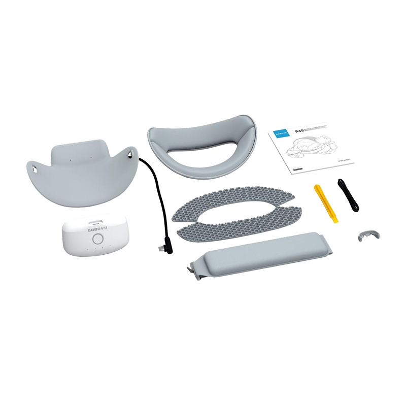 Accesorios VR grises, incluyendo una diadema, unidad de batería y manual de instrucciones.