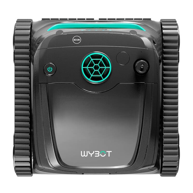 Robot nero con ruote cingolate, accenti verde acqua e logo WYBOT.