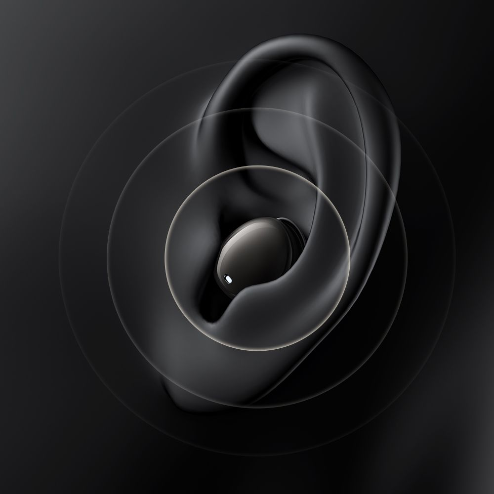 Un auricolare nero all'interno di un orecchio nero stilizzato con onde sonore.