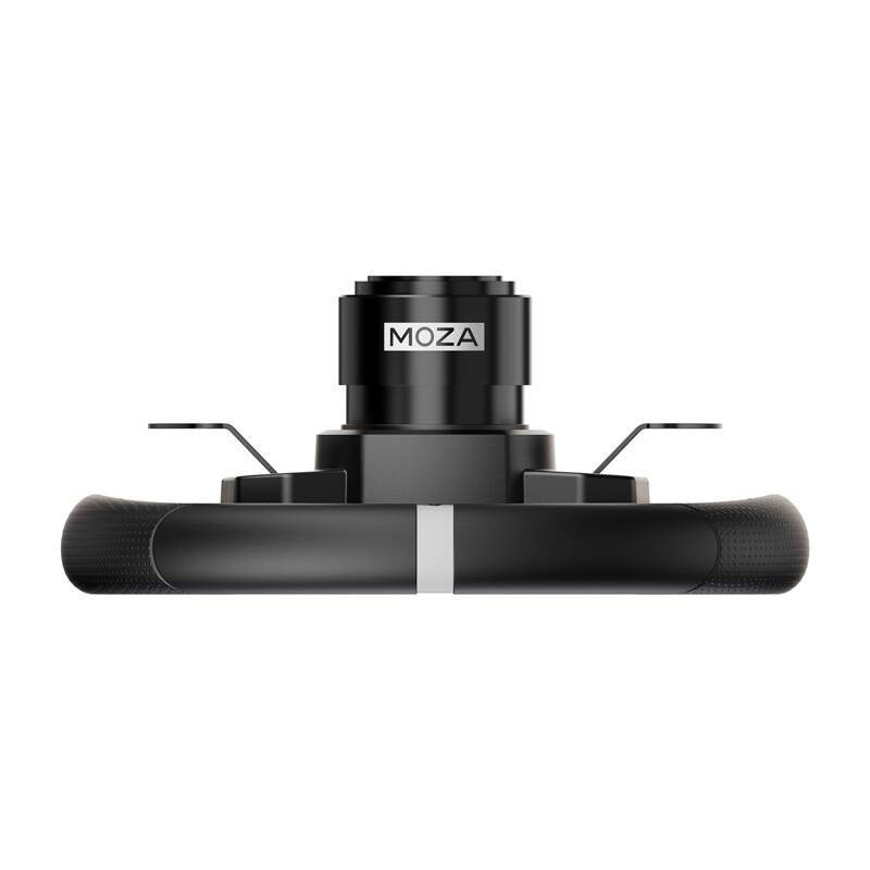 Controller gimbal MOZA nero con impugnature testurizzate e striscia bianca.