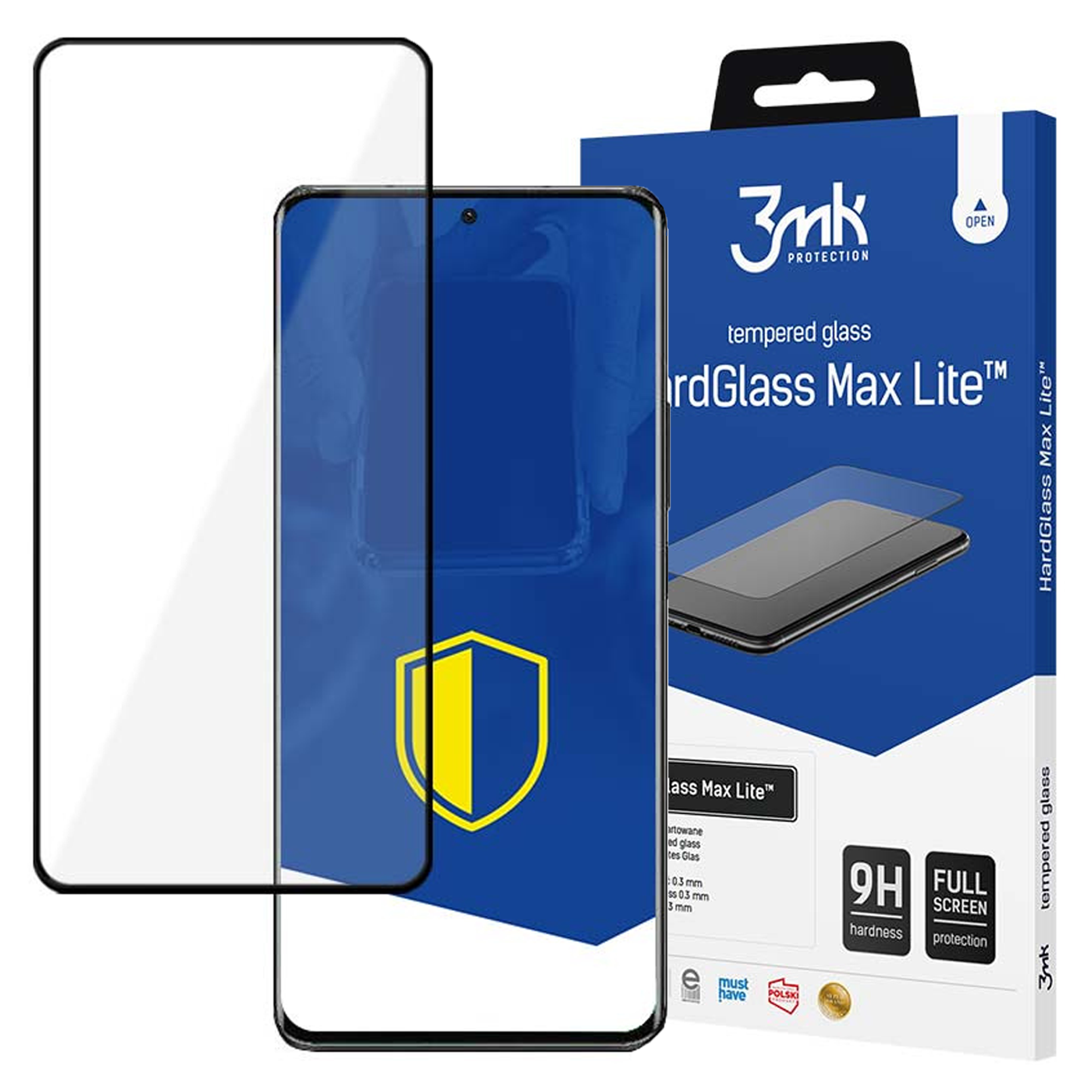 Confezione di protezione schermo 3mk HardGlass Max Lite con telefono e protezione.