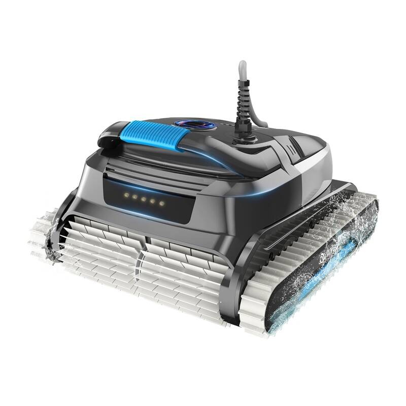 Un robot da piscina nero con accenti blu e cingoli.