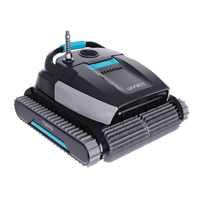 Robot pulitore piscina nero con accenti blu, cingoli in gomma e spazzole.