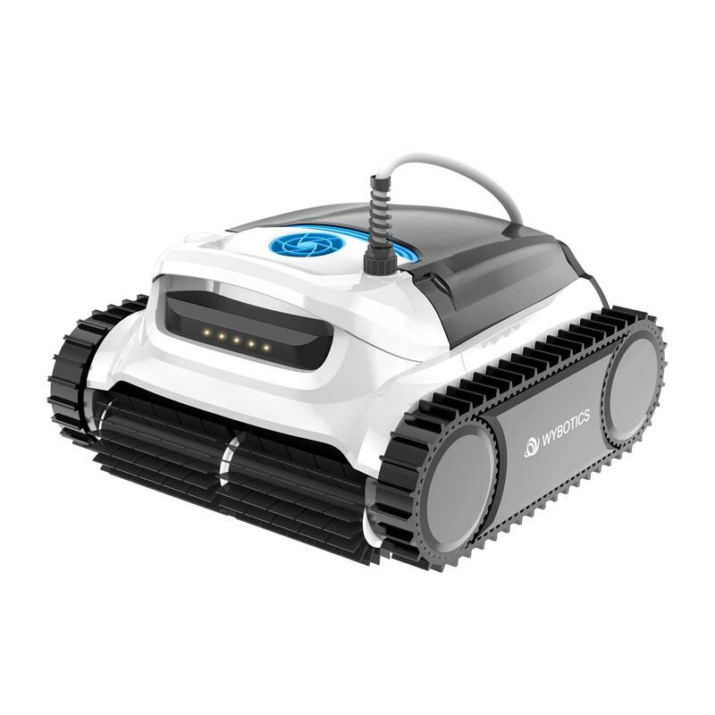Biały i szary robot basenowy z gąsienicami i wężem, na białym tle.