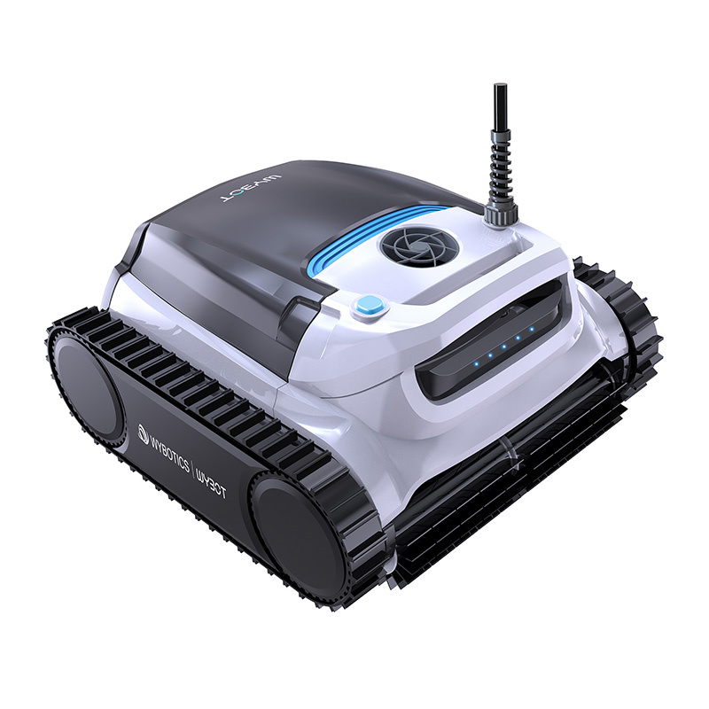 Biały i czarny robot basenowy z gąsienicami i anteną.