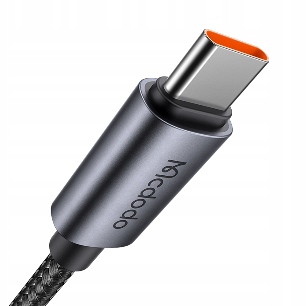 Turuncu konektörlü gri USB-C kablosu, kabloda logo.