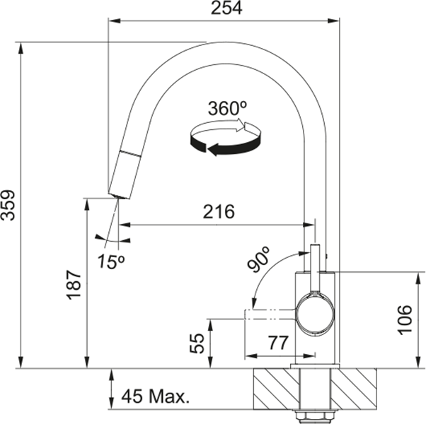 Disegno tecnico di un rubinetto con dimensioni e angoli.