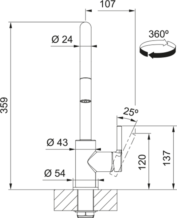 Disegno tecnico di un rubinetto con dimensioni e angoli.