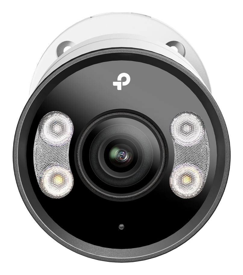 Front view of a white TP-Link security camera with a black faceplate and lens.