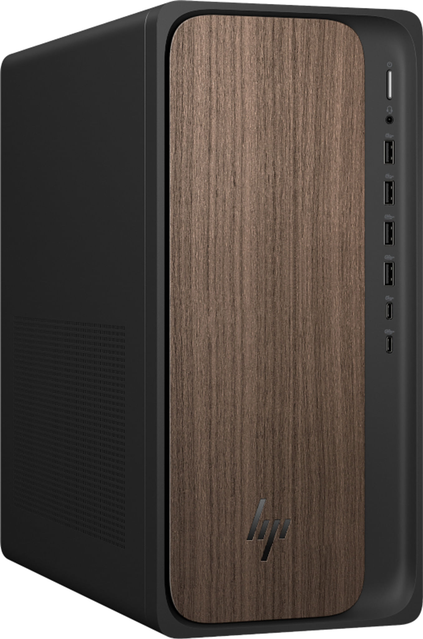 Torre de PC negra con frontal de madera y puertos laterales.