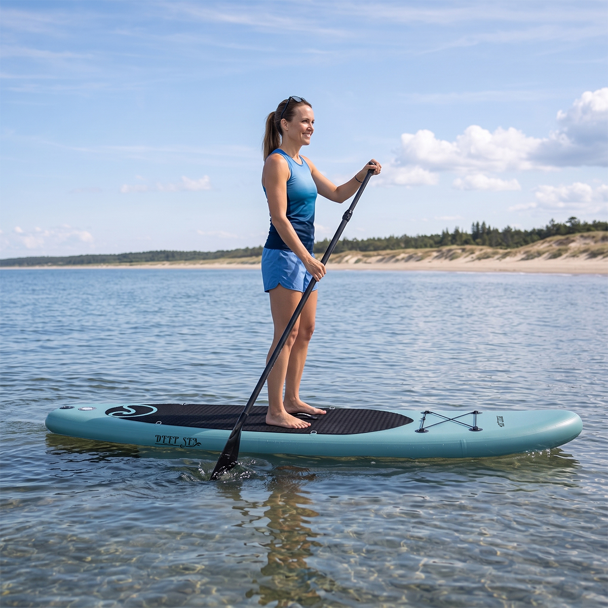 Frau beim Paddleboarding auf ruhigem blauem Wasser nahe einem Sandstrand mit Bäumen.
