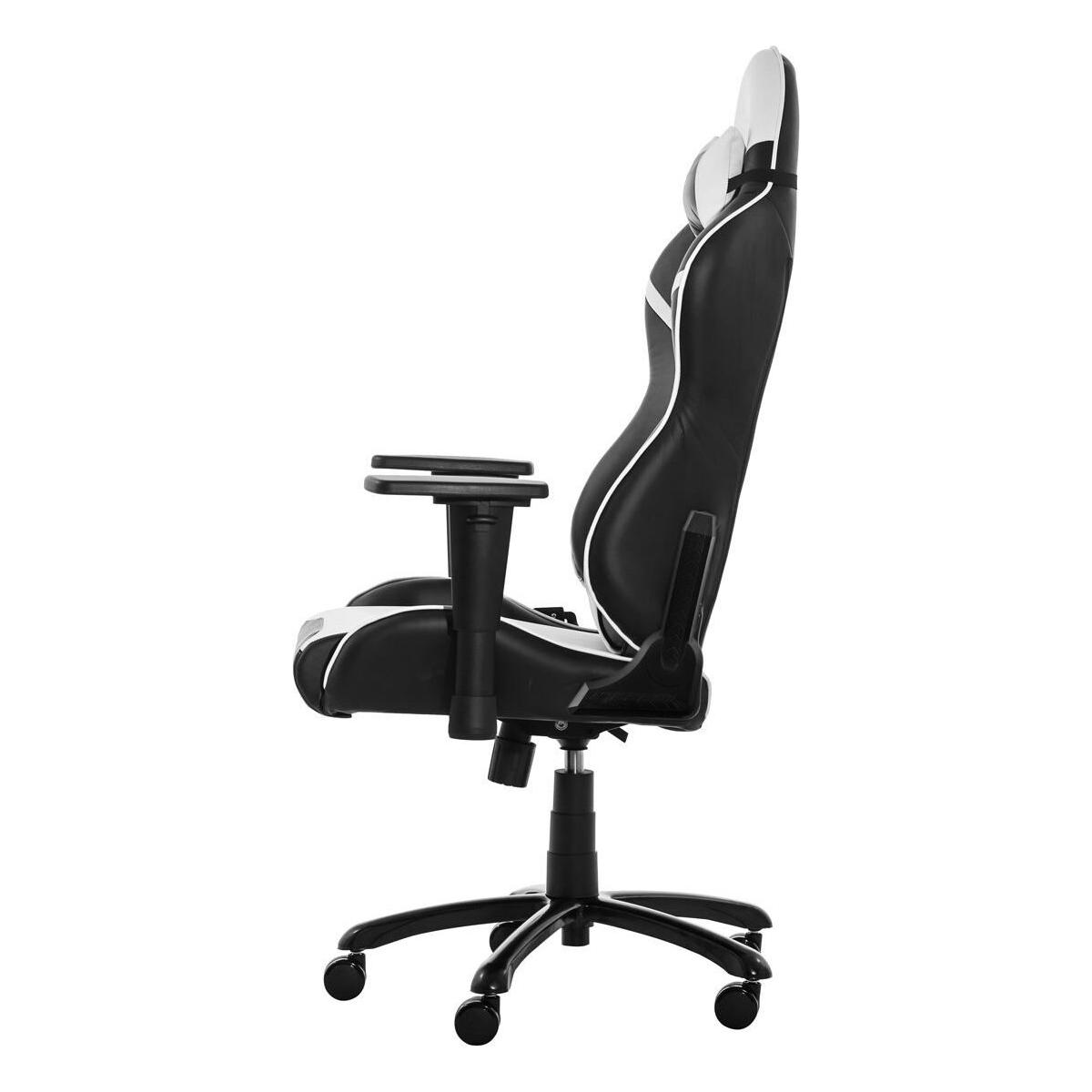 Ein schwarzer Gaming-Stuhl mit weißen Akzenten, von der Seite gesehen.