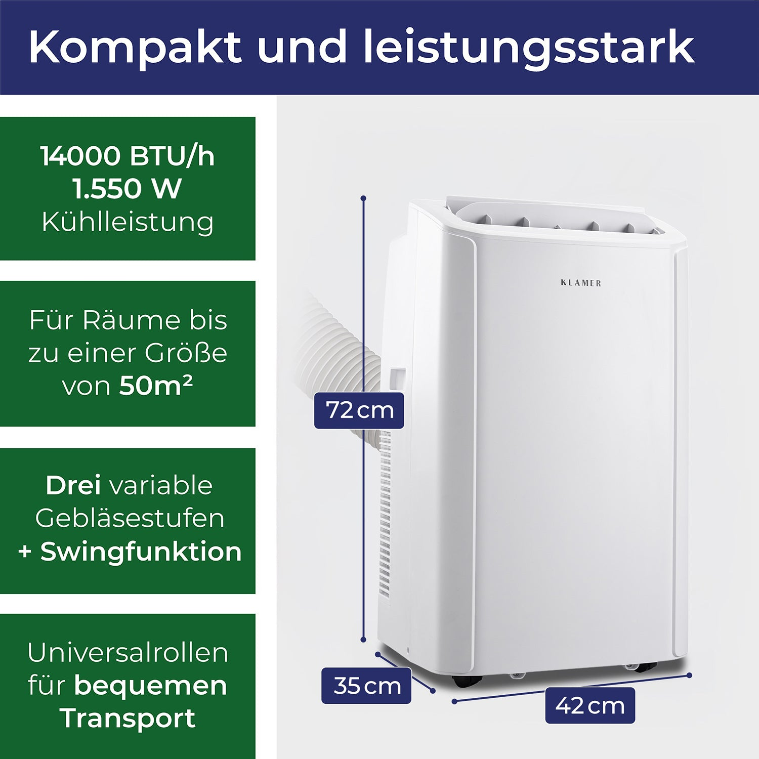 Weiße Klimaanlage mit Lüftungsschlauch, Maße 35x42x72cm. Leistung 14000 BTU.