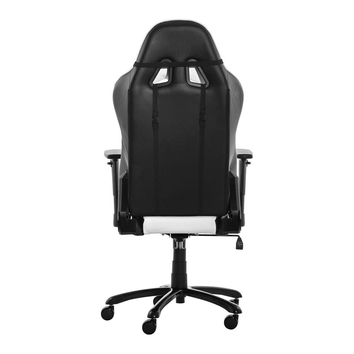 Rückansicht eines schwarzen Gaming-Stuhls mit weißem Akzent und Rollen.