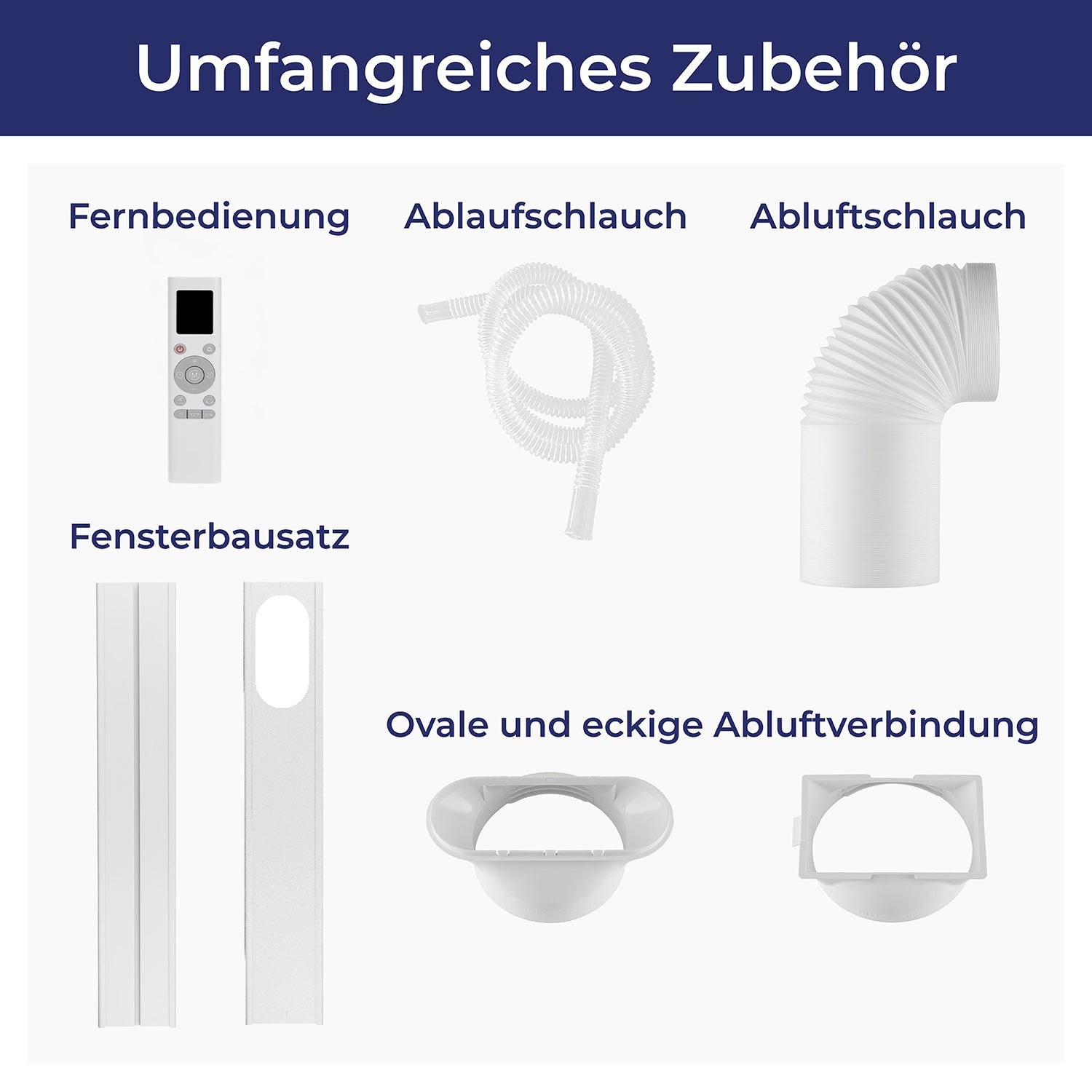 Umfangreiches Zubehör: Fernbedienung, Abluftschlauch, Fensterbausatz, ovale und eckige Abluftverbindung.