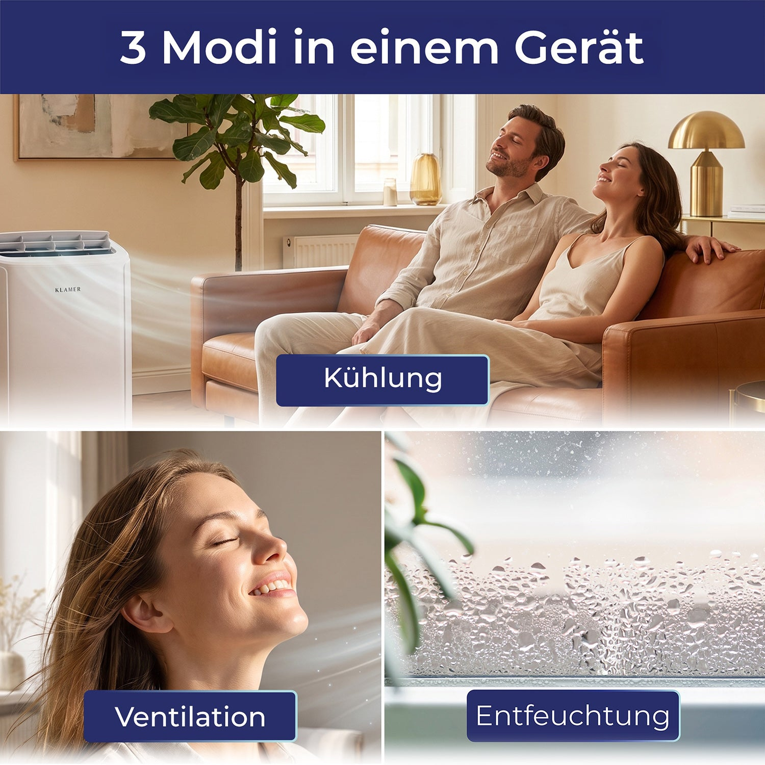 Ein Klimagerät mit drei Modi: Kühlung, Lüftung und Entfeuchtung.