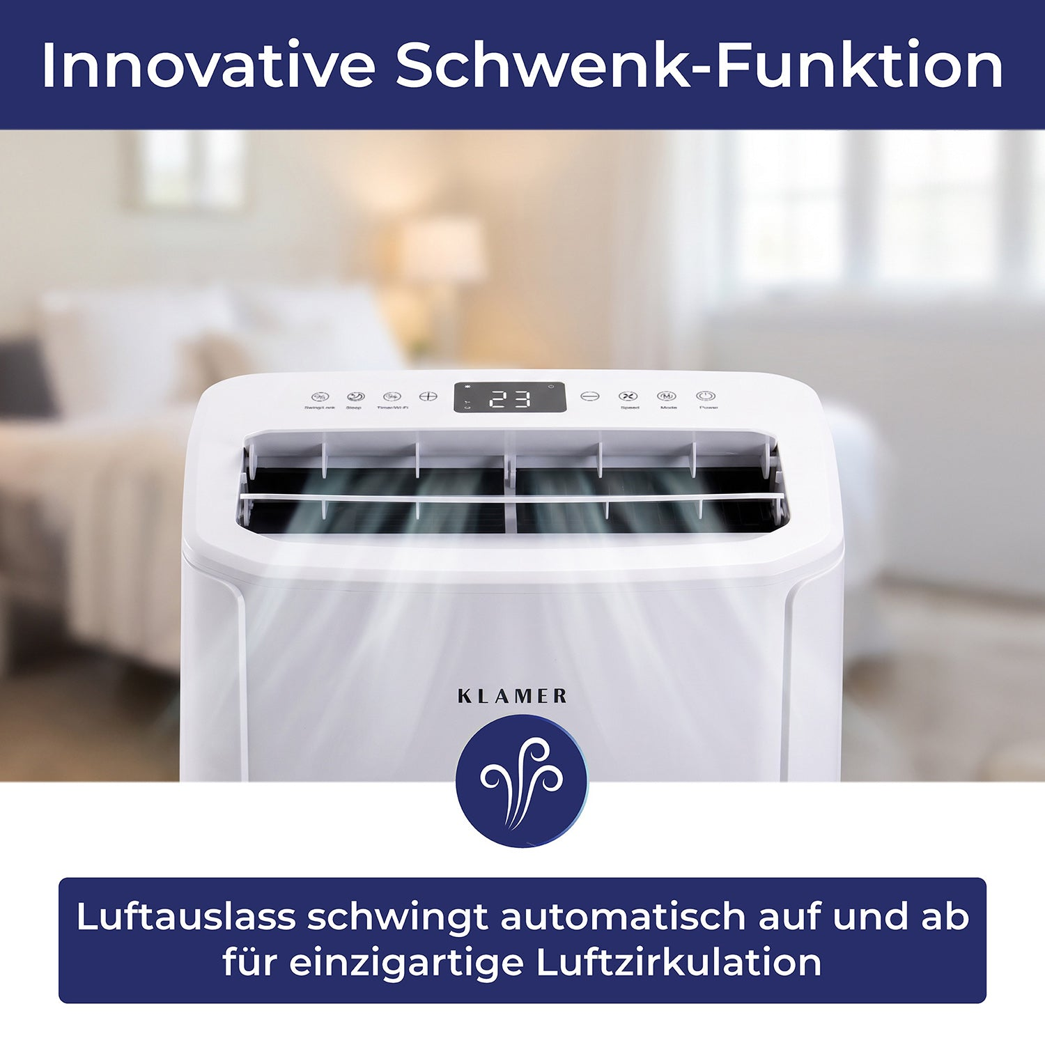 Ein weißer Klimaanlagen-Luftauslass mit digitaler Anzeige, der sich automatisch bewegt.