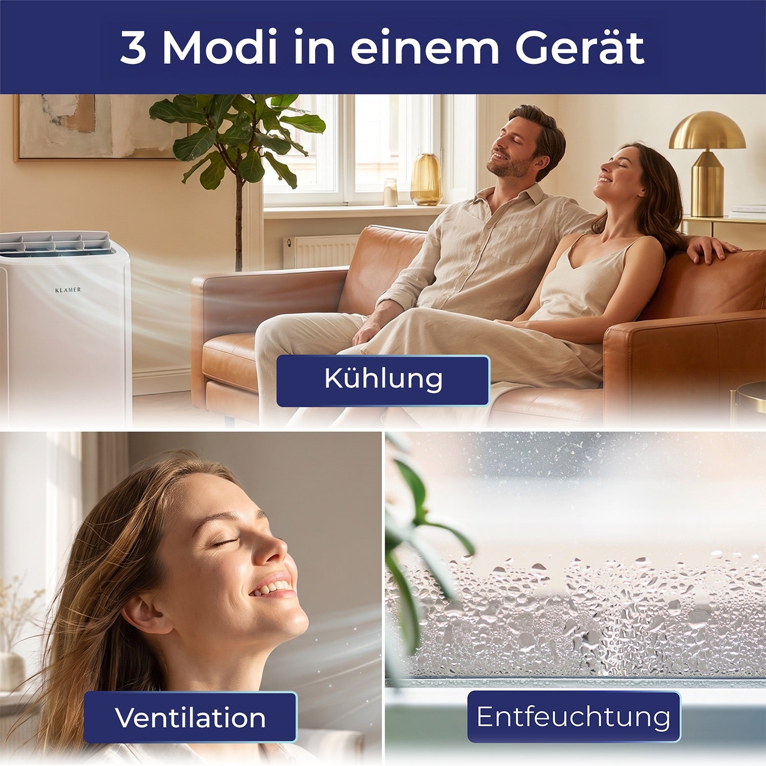 Klimaanlage: Kühlen, Lüften, Entfeuchten. Paar genießt Kühle. Frau atmet frische Luft.