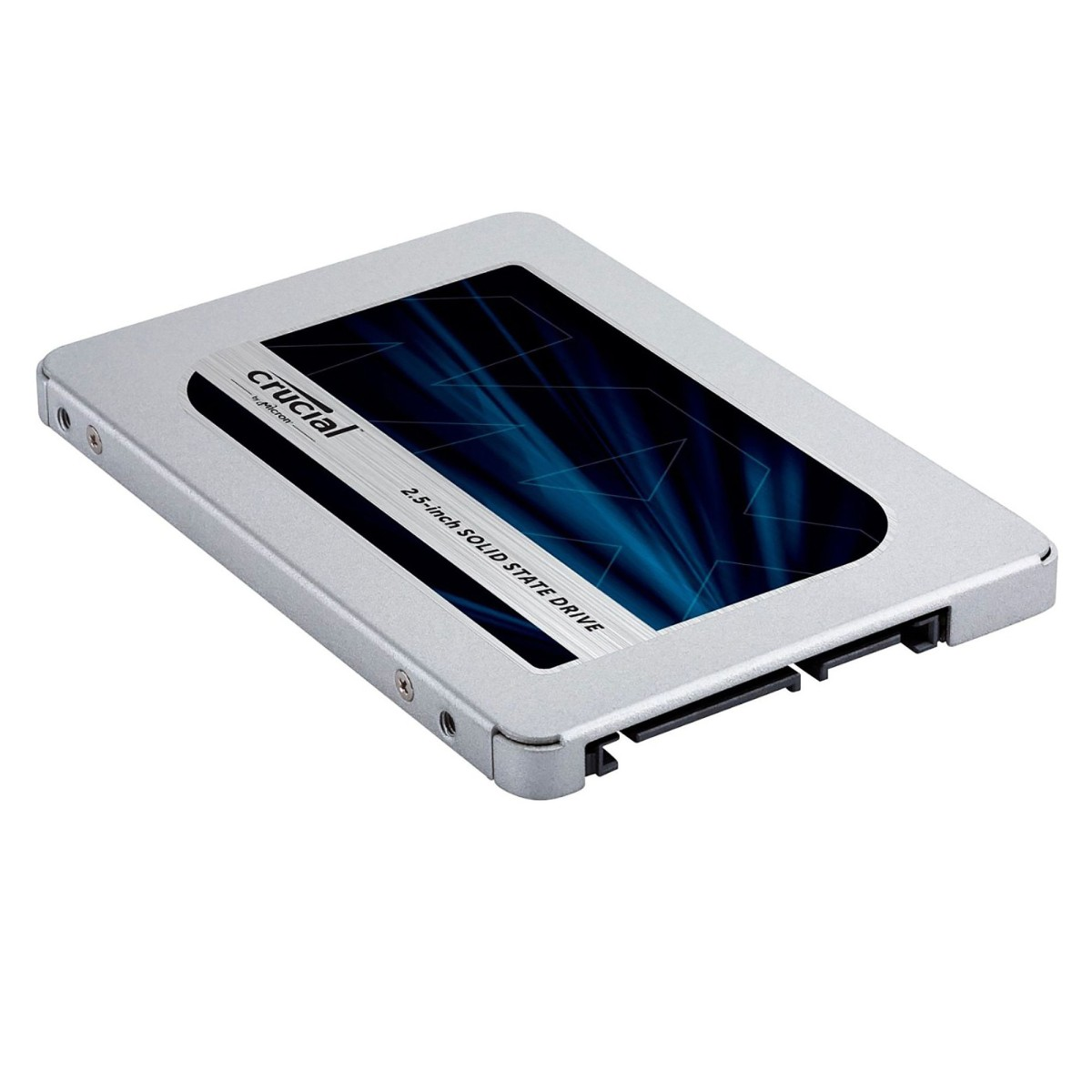 A silver 2.5-inch solid state drive with a blue pattern on top.