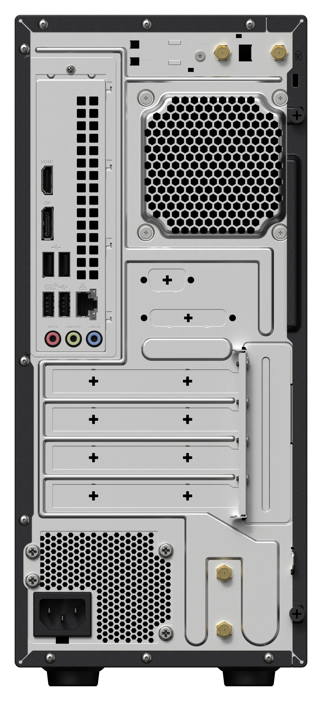 Parte trasera de un PC con puertos: HDMI, DP, USB, audio, ranuras de expansión, rejillas de ventilación y conector de alimentación.