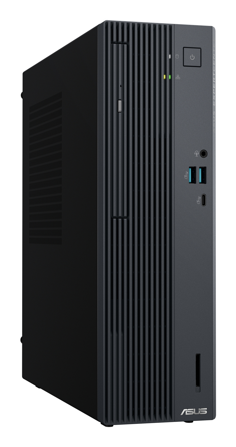 Computer desktop ASUS nero con prese d'aria verticali e porte.