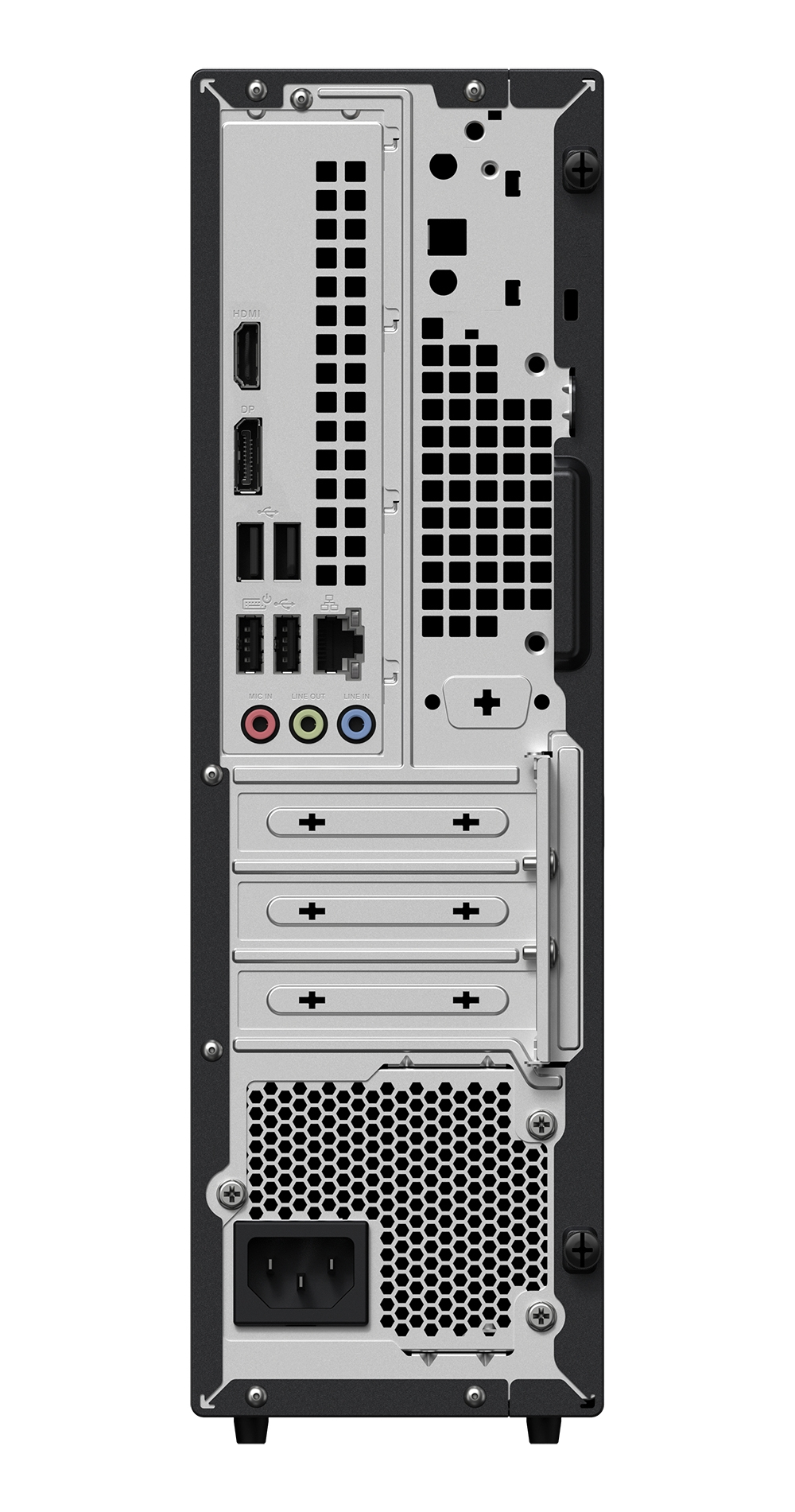 Retro di un PC con porte: HDMI, DP, USB, audio, Ethernet e alimentazione.