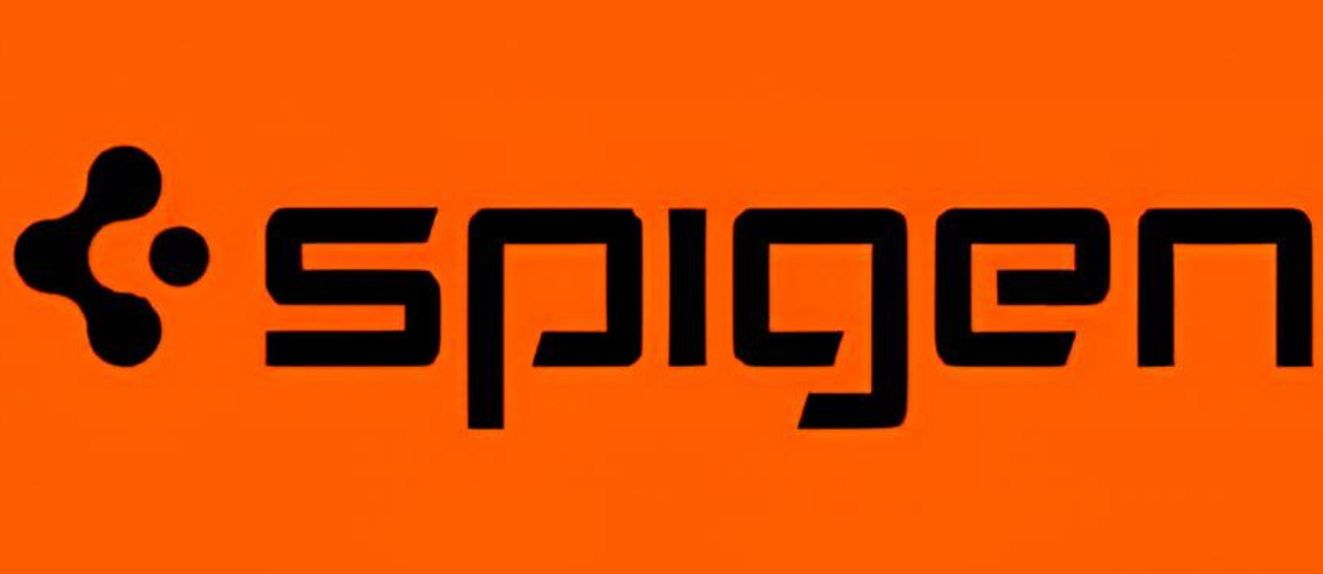 Black Spigen logo on an orange background.