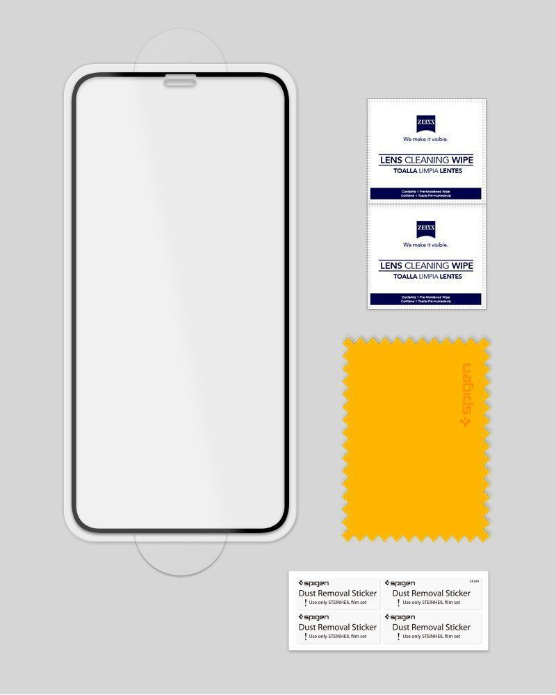Una protezione schermo per smartphone con salviette e adesivi antipolvere.