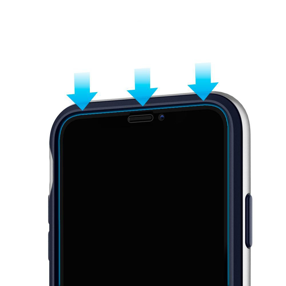 Tre frecce blu puntano verso il basso sul bordo superiore di uno smartphone.