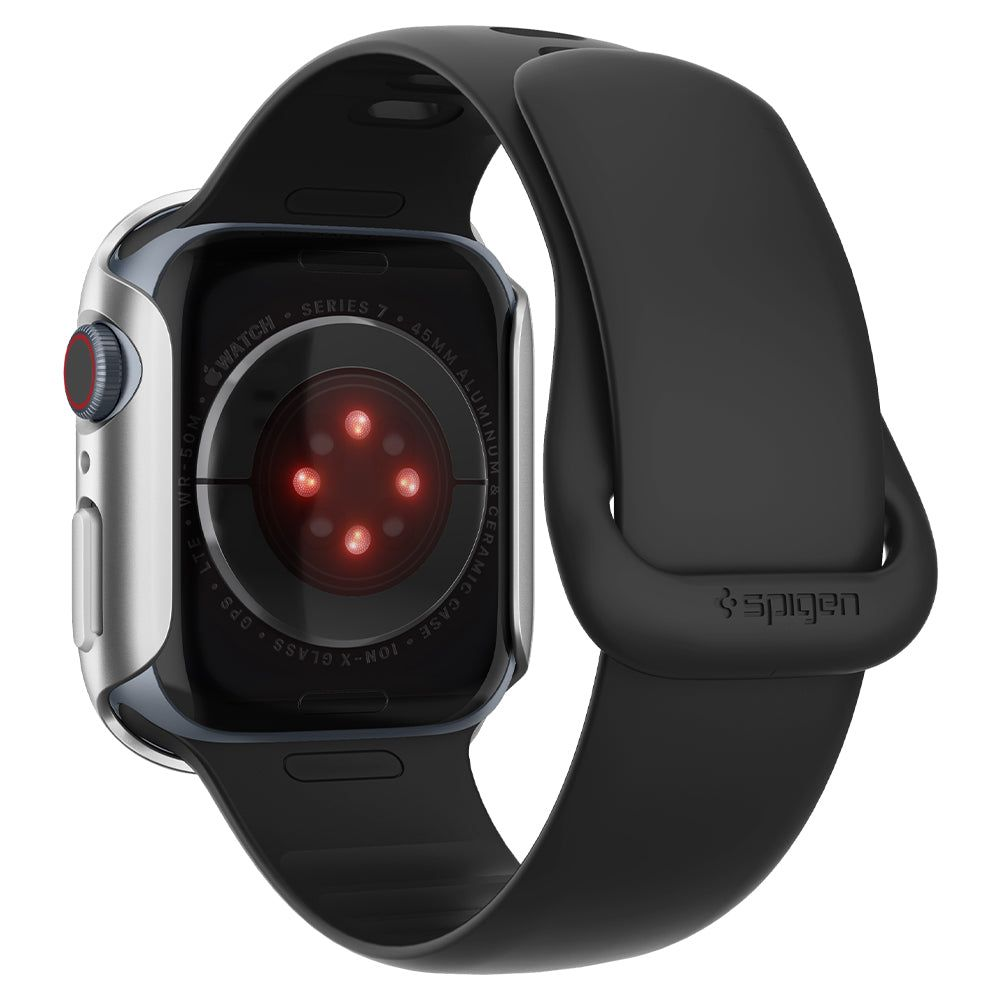 Tył srebrnego zegarka Apple Watch Series 7 z czarnym paskiem i logo Spigen.