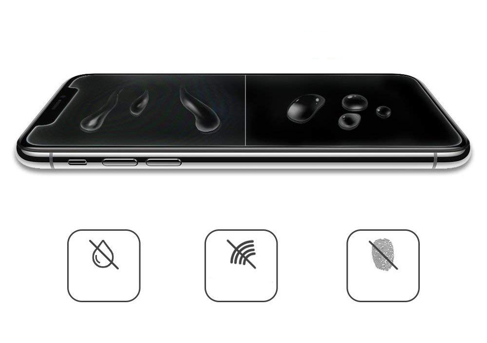 Schermo smartphone con gocce d'acqua e icone per graffi, onde e impronte digitali.