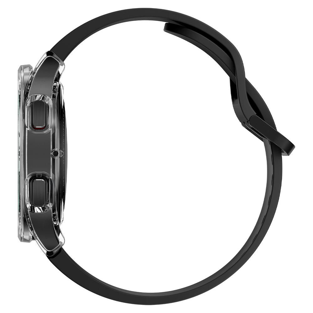 Uno smartwatch nero con cassa trasparente e cinturino nero.
