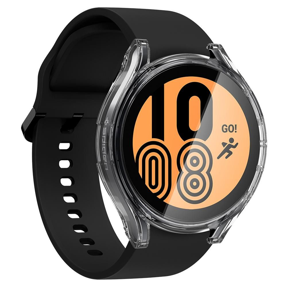 Smartwatch nero con custodia protettiva trasparente e display arancione.
