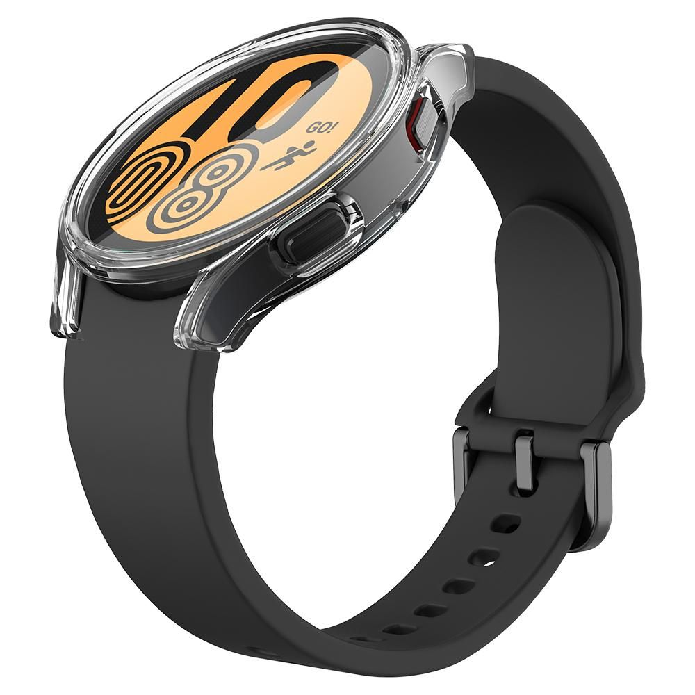 Una custodia protettiva trasparente copre uno smartwatch nero con quadrante arancione.