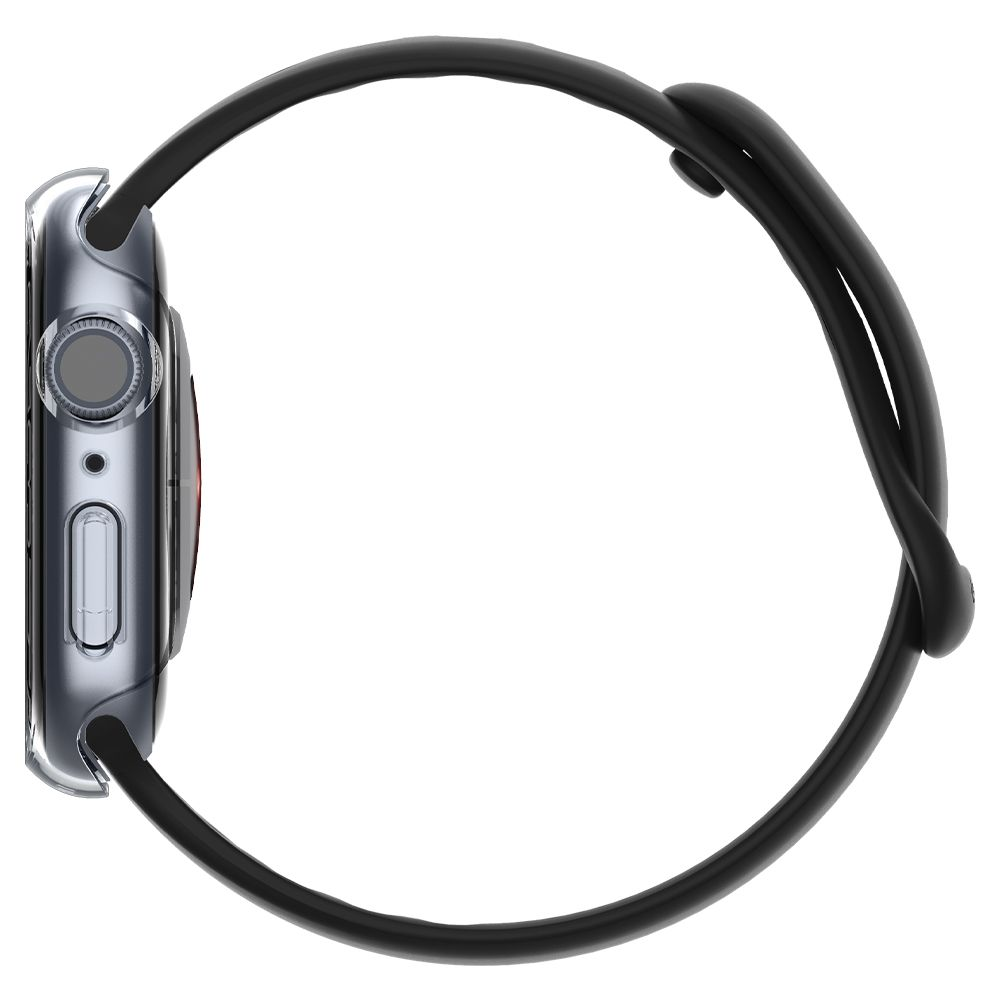 Un cinturino nero per smartwatch con custodia trasparente, isolato su sfondo bianco.