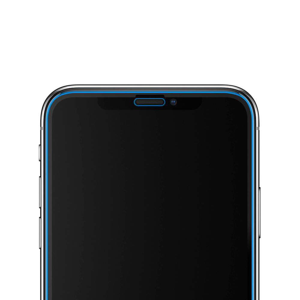 Primo piano della parte superiore di uno smartphone scuro con accenti blu.