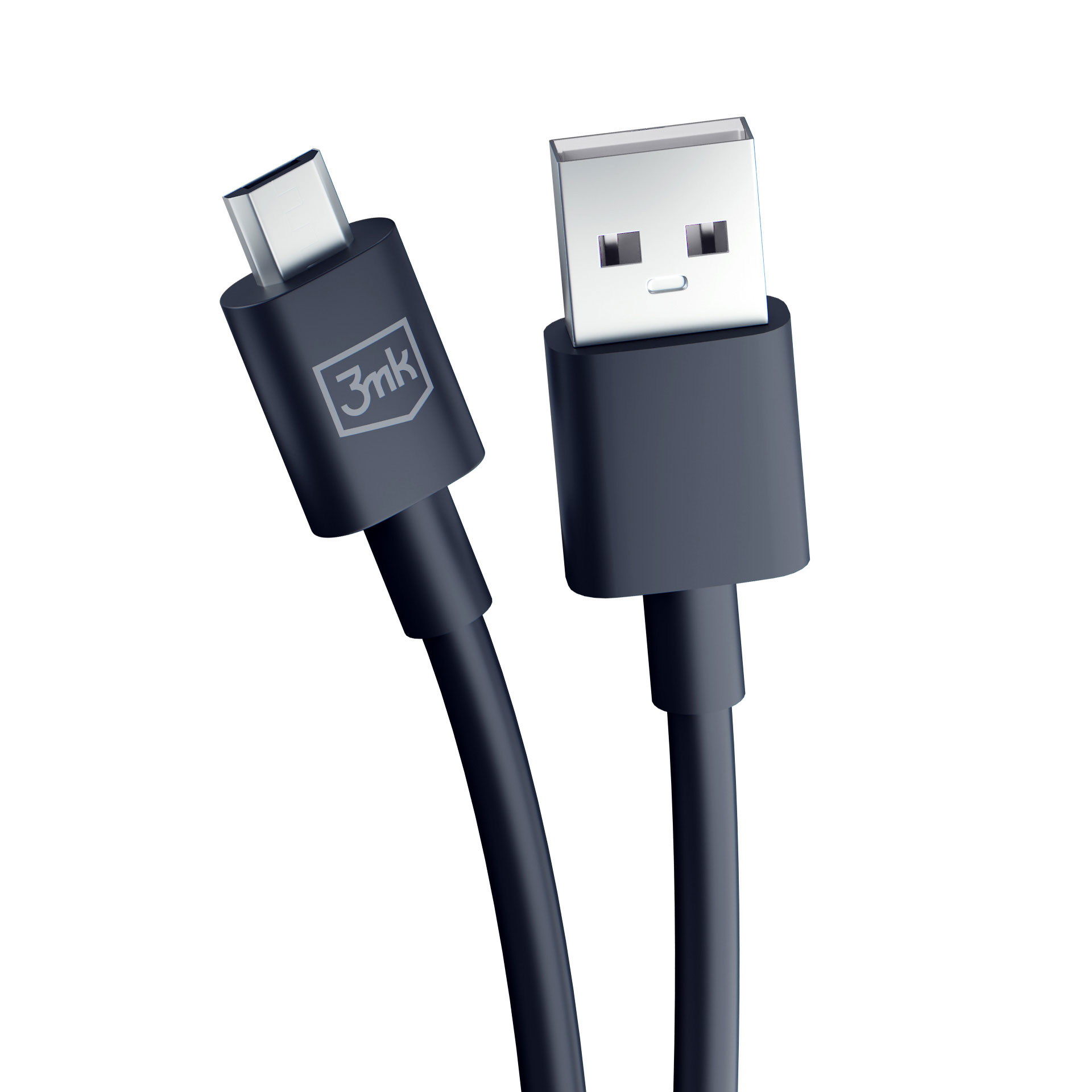 Un cavo USB scuro con connettori USB-A e USB-C su sfondo bianco.
