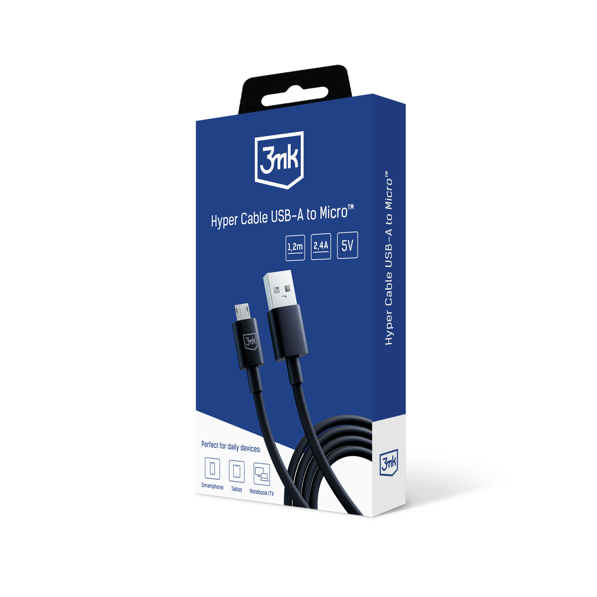 Scatola blu con cavo USB-A a Micro, 1,2m, 2,4A, 5V.