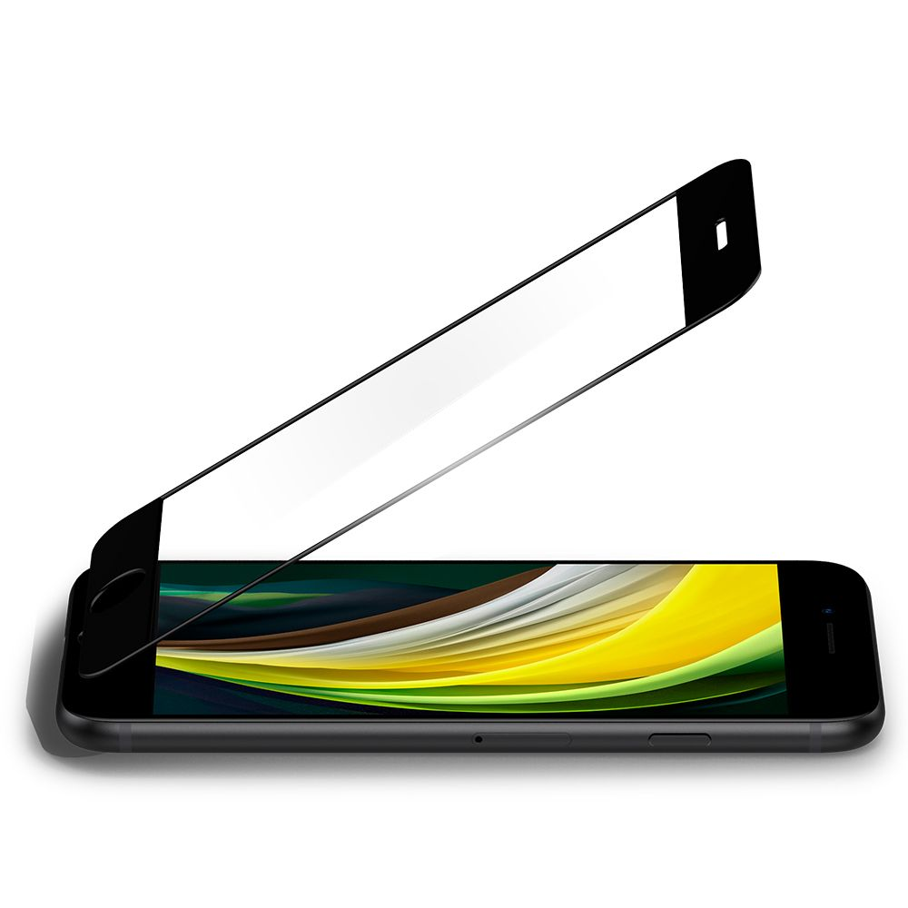 A black smartphone with a screen protector half-applied, showing colorful abstract waves.