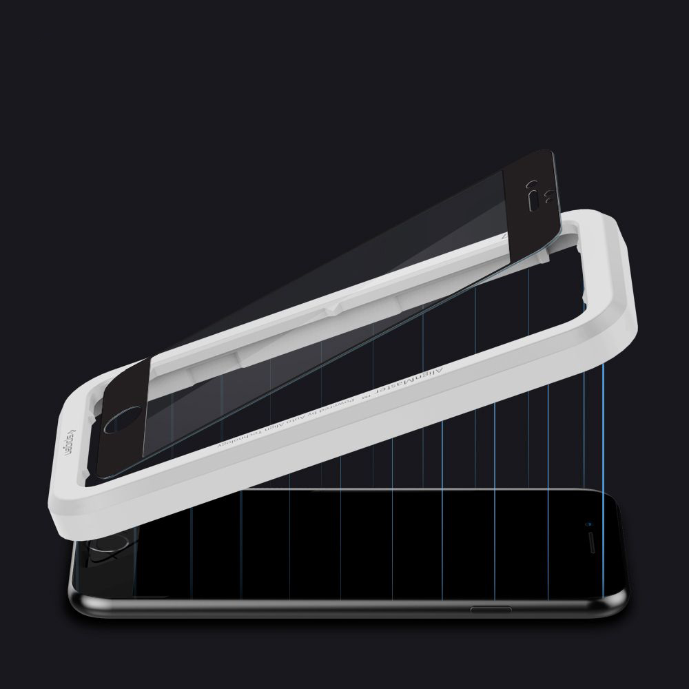A white alignment frame is placed over a smartphone to install a screen protector.