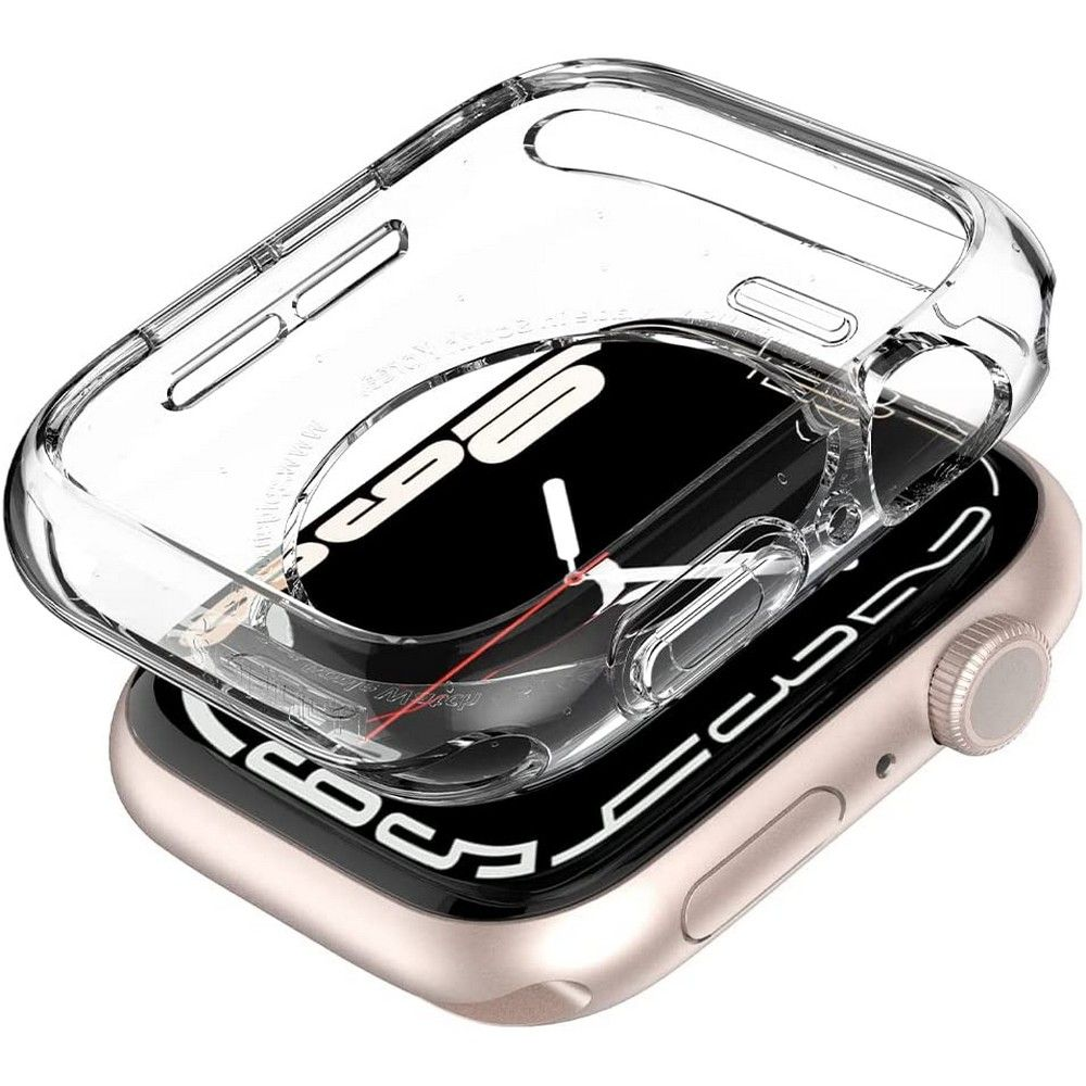 Una custodia protettiva trasparente su uno smartwatch dorato con quadrante nero.