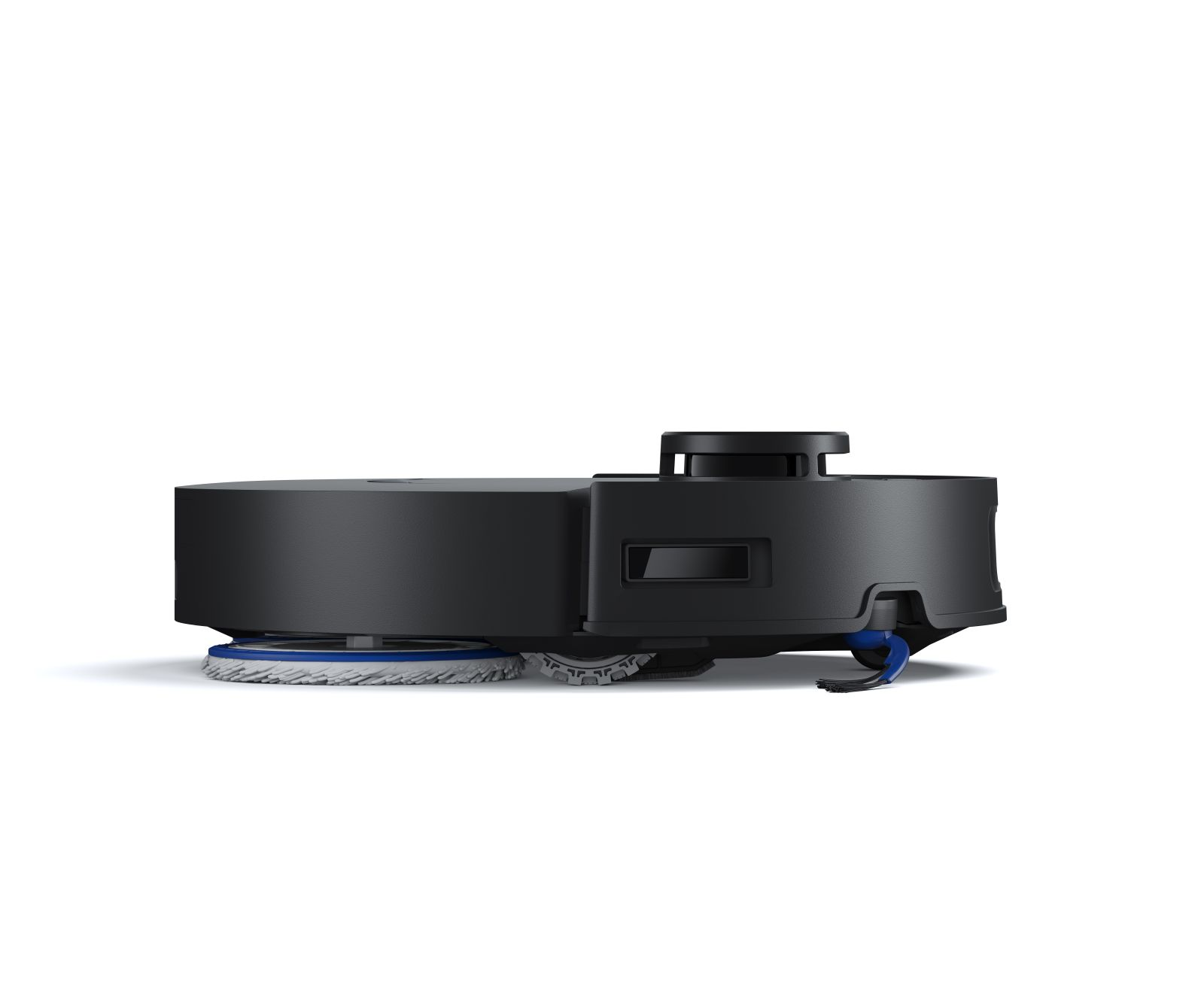 Un robot aspirapolvere nero con spazzole rotanti e accenti blu.