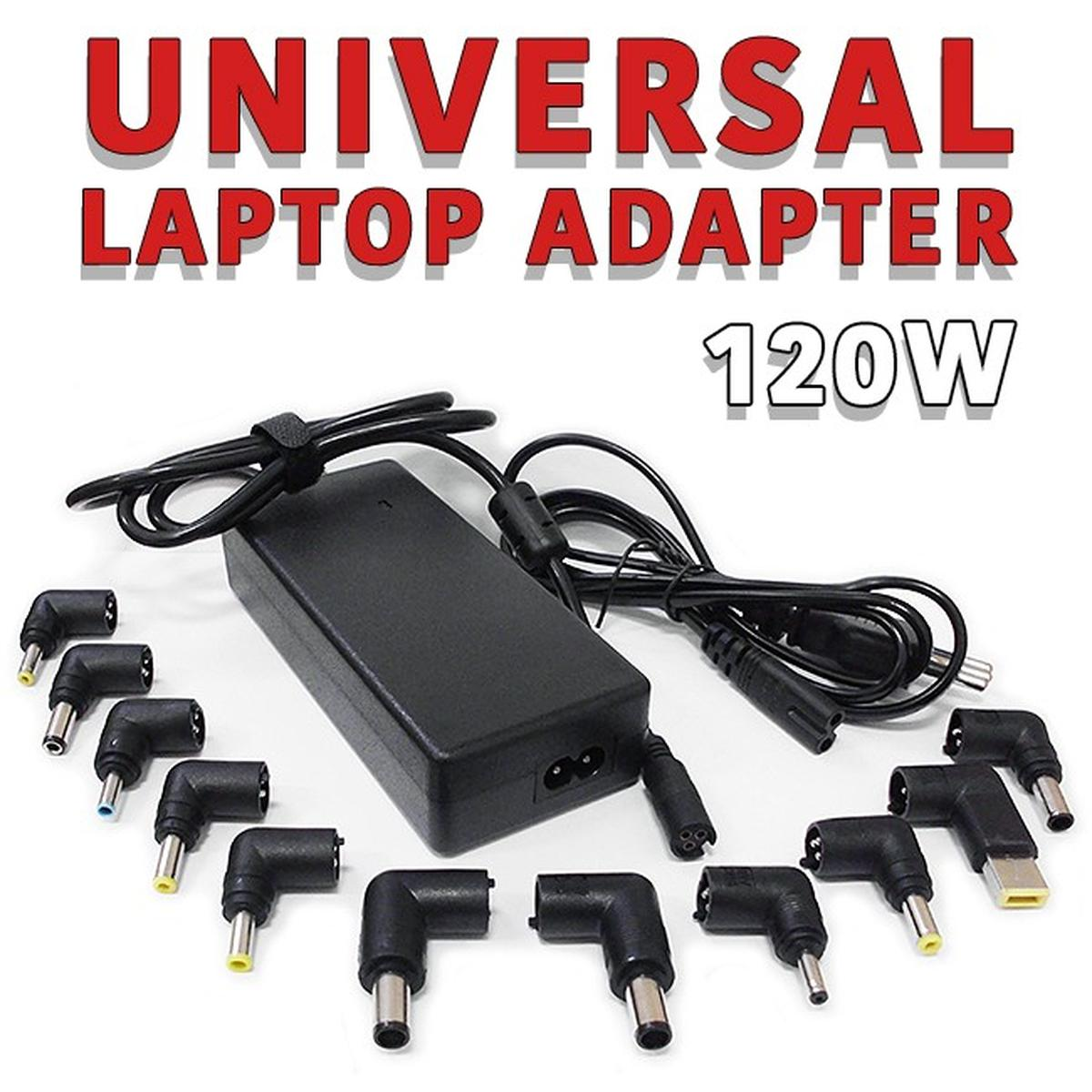 Adattatore universale per laptop nero da 120W con connettori.