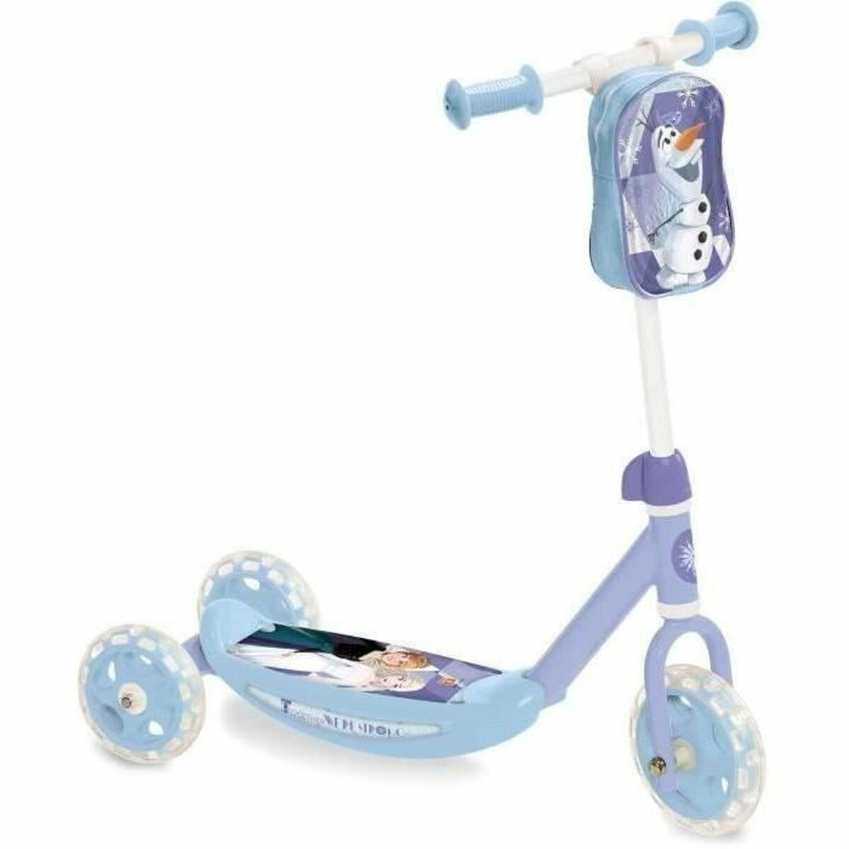 Un monopattino a tre ruote blu e viola con Olaf e personaggi di Frozen.