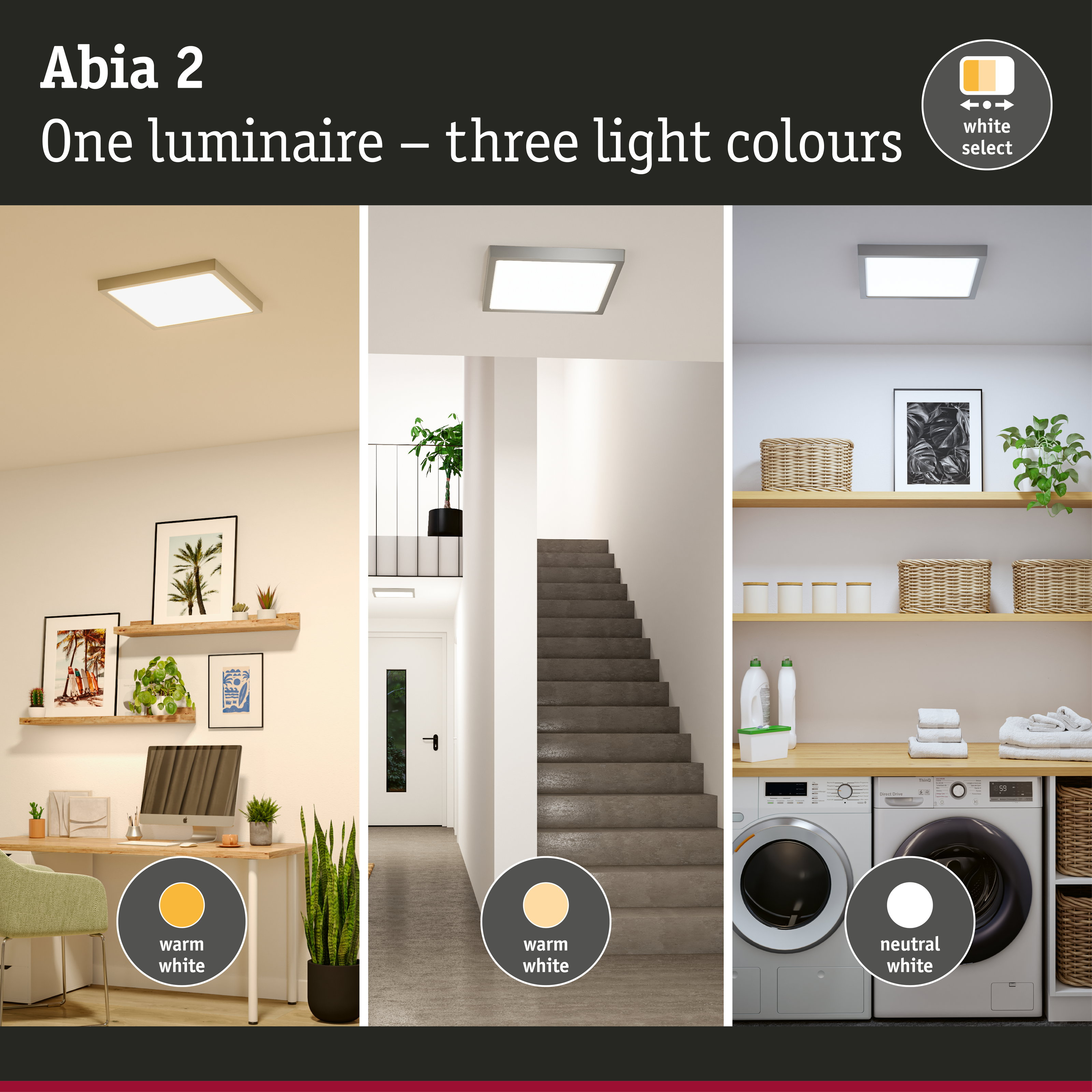 Abia 2 Leuchte: Arbeitsplatz, Treppenhaus, Waschküche mit Lichtfarben.